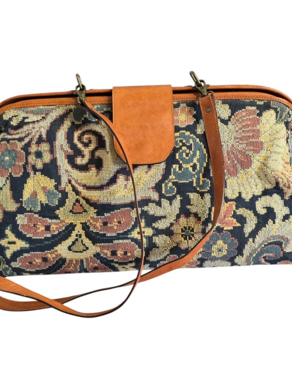 Vtg Smithsonian Institution Tapestry & Leather Carry On Bag Italy 6x11x18"